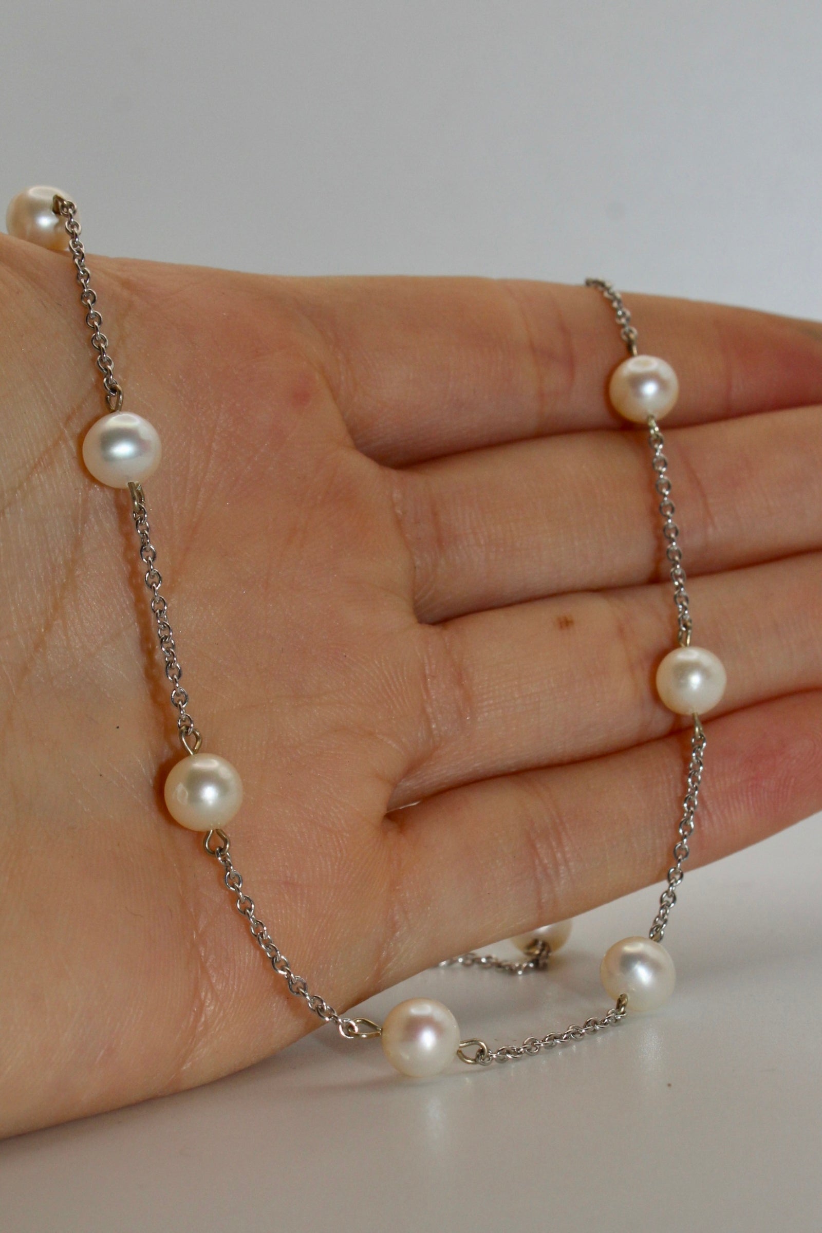 14K White Gold Pearl Station 16" Necklace