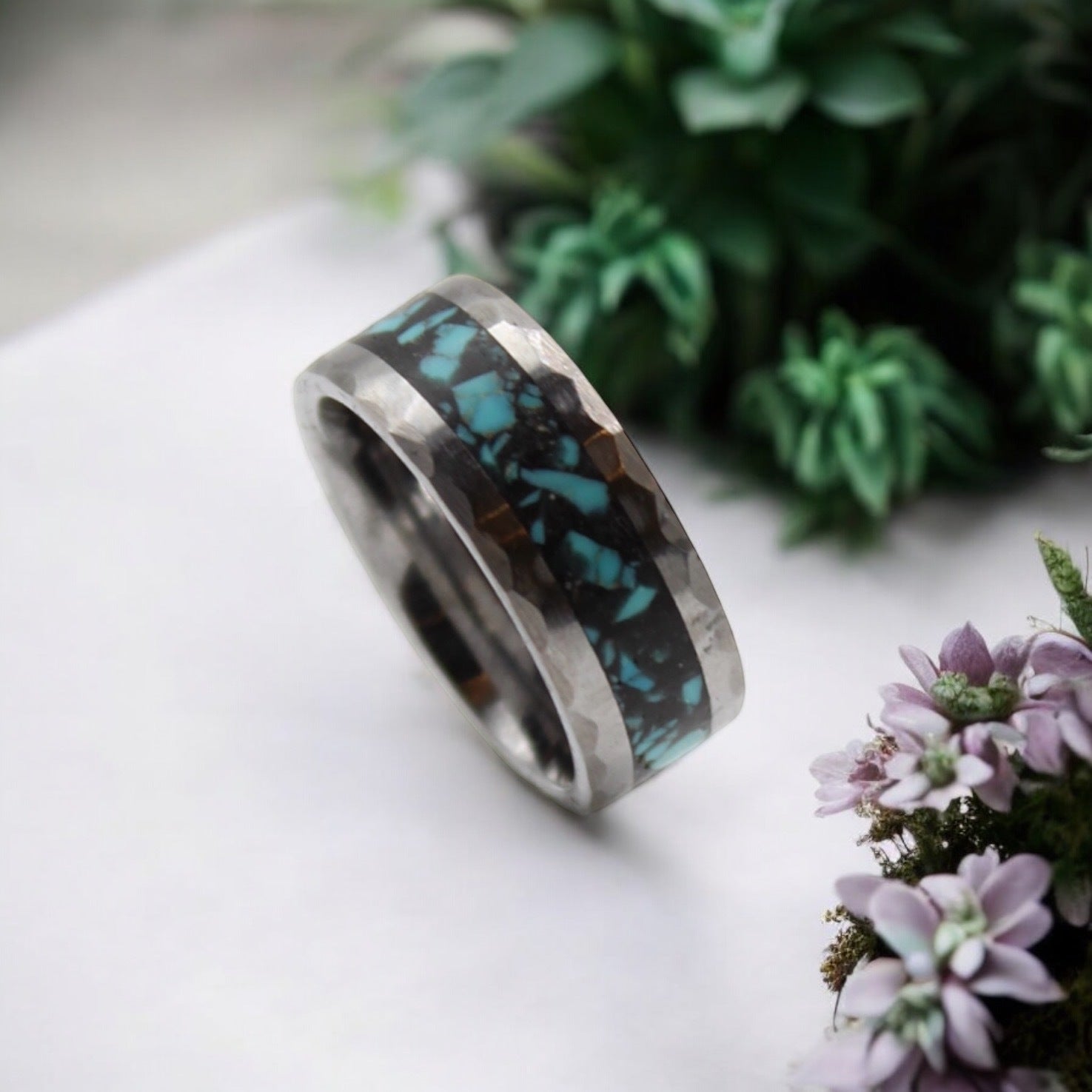 Hammered Turquoise Tungsten Ring