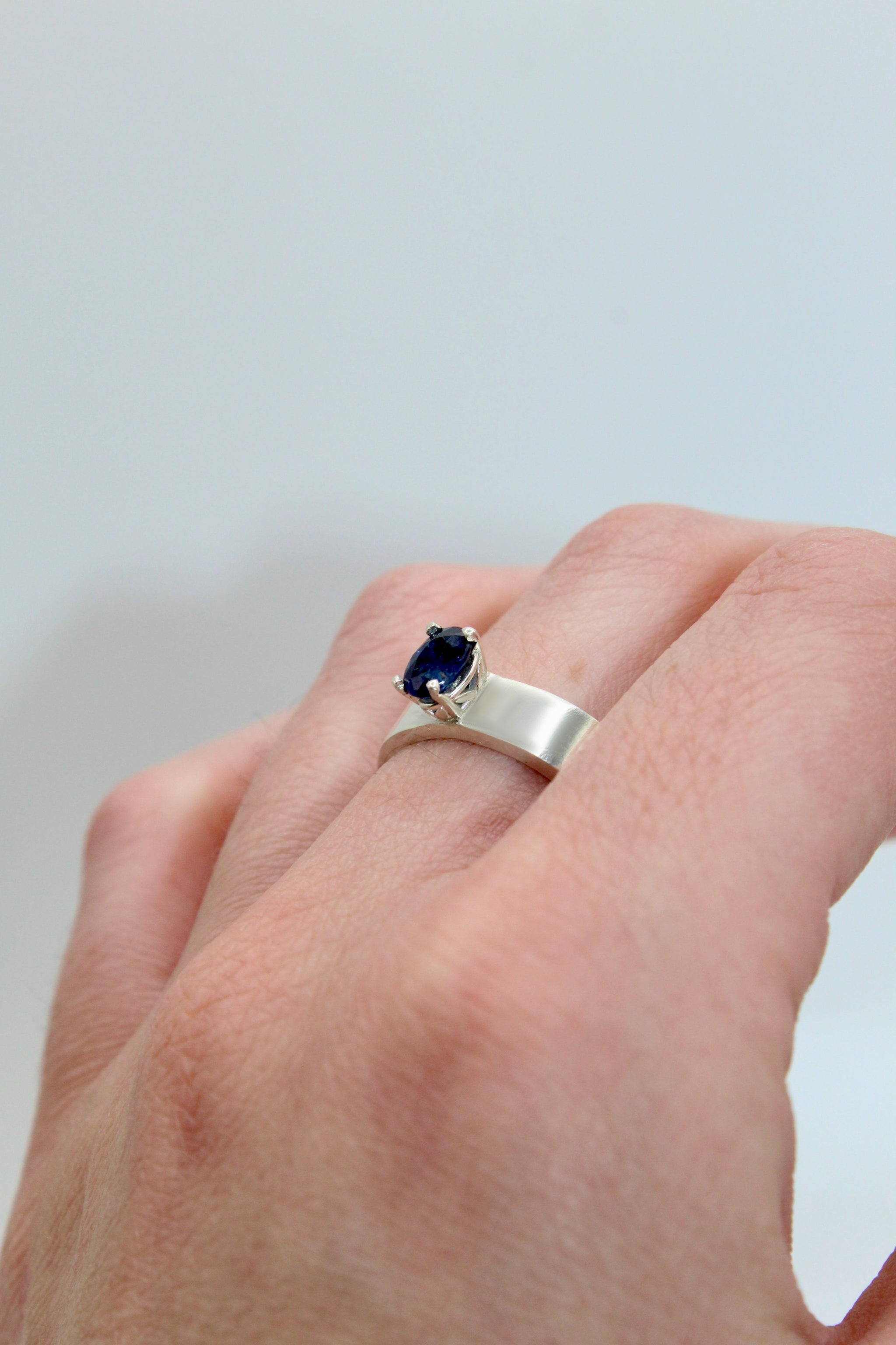 Silver Flat Band &  Blue Sapphire