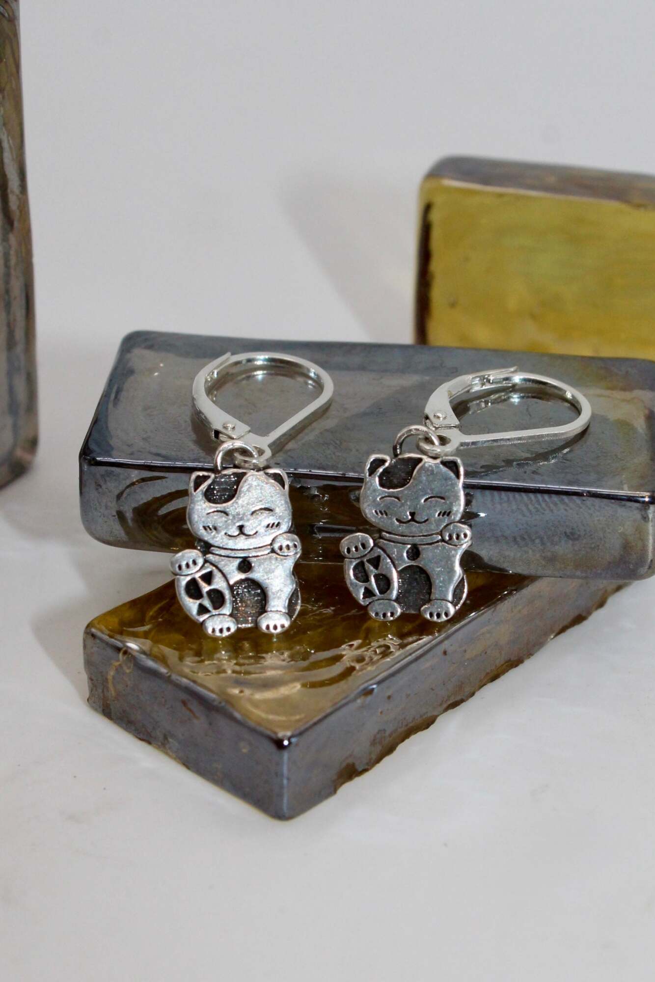Lucky Cat Lever Back Earrings