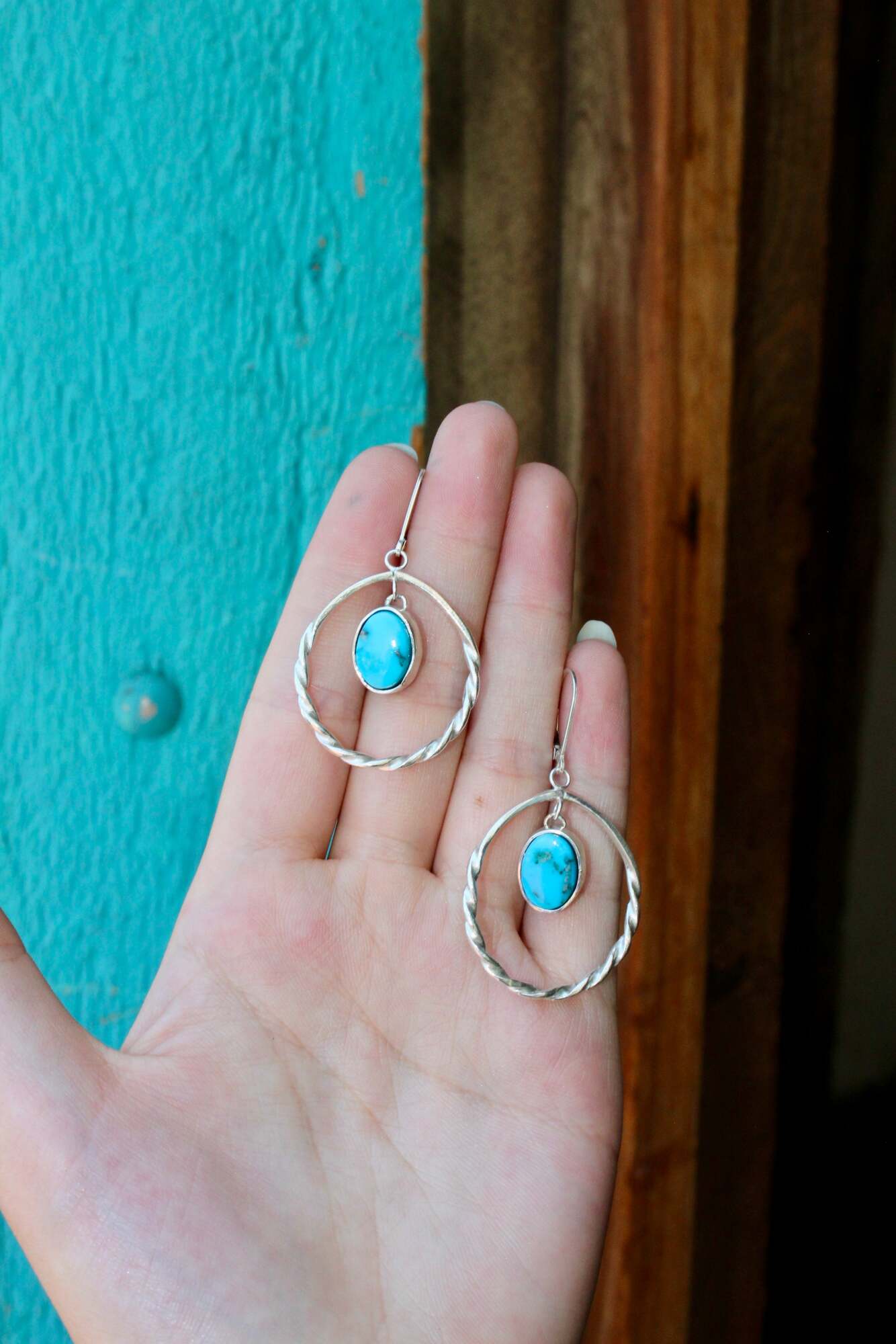 Turquoise Stones & Twisted Hoop Dangles
