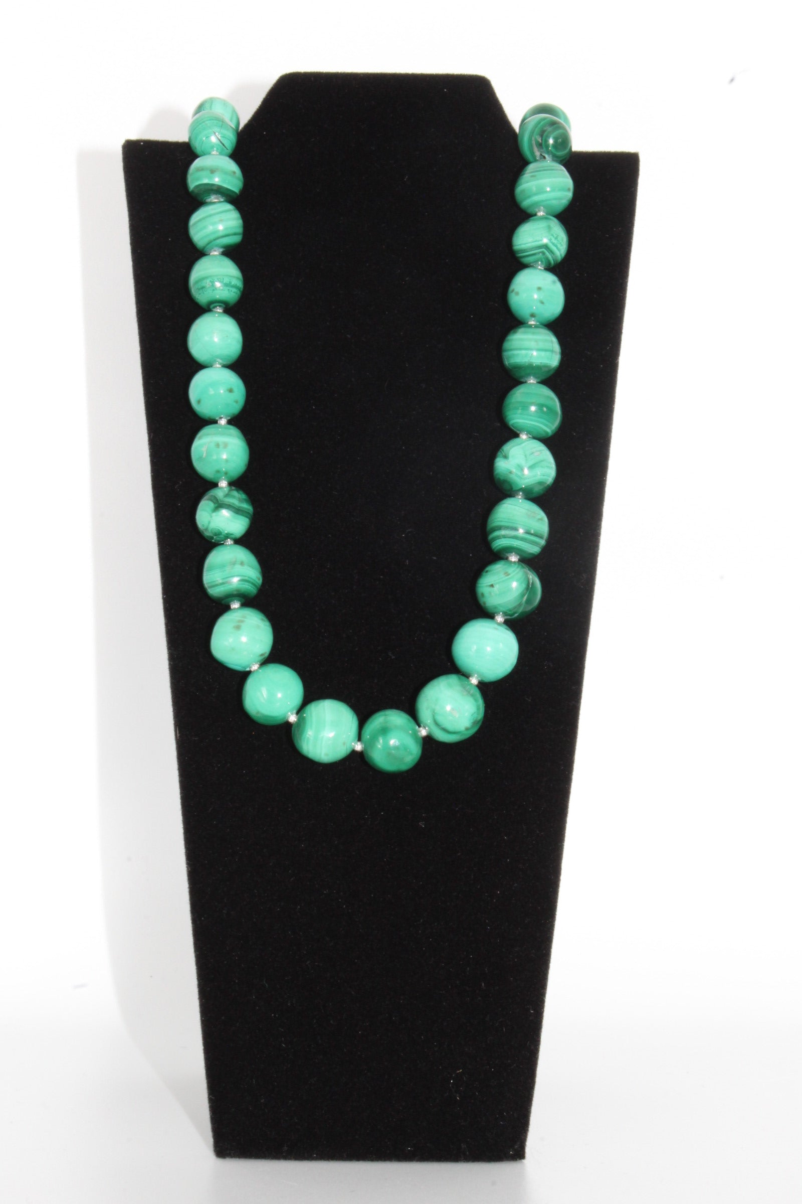 Round Malachite Bead Necklace Sterling Silver 20"