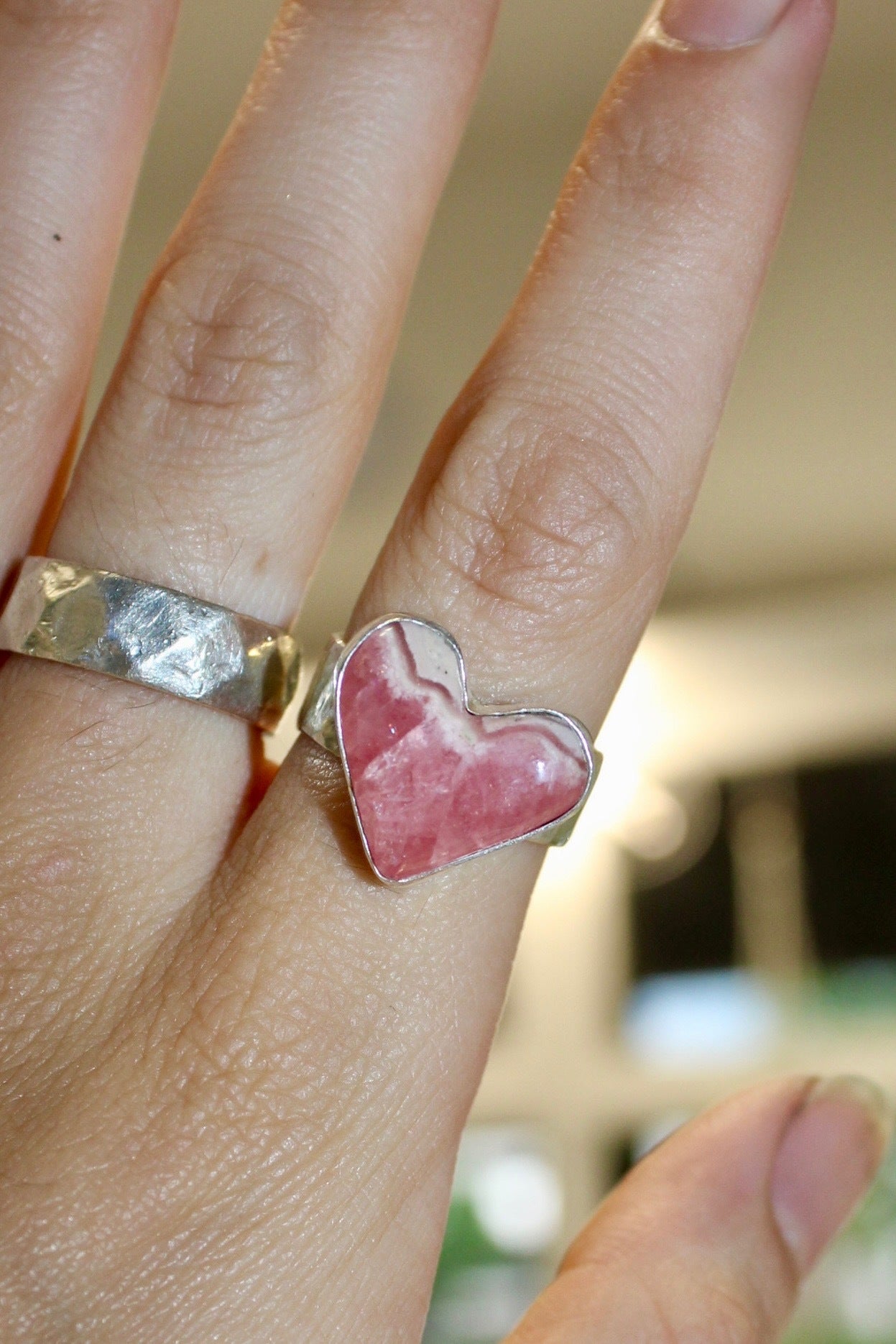 Silver Rhodochrosite Heart Ring