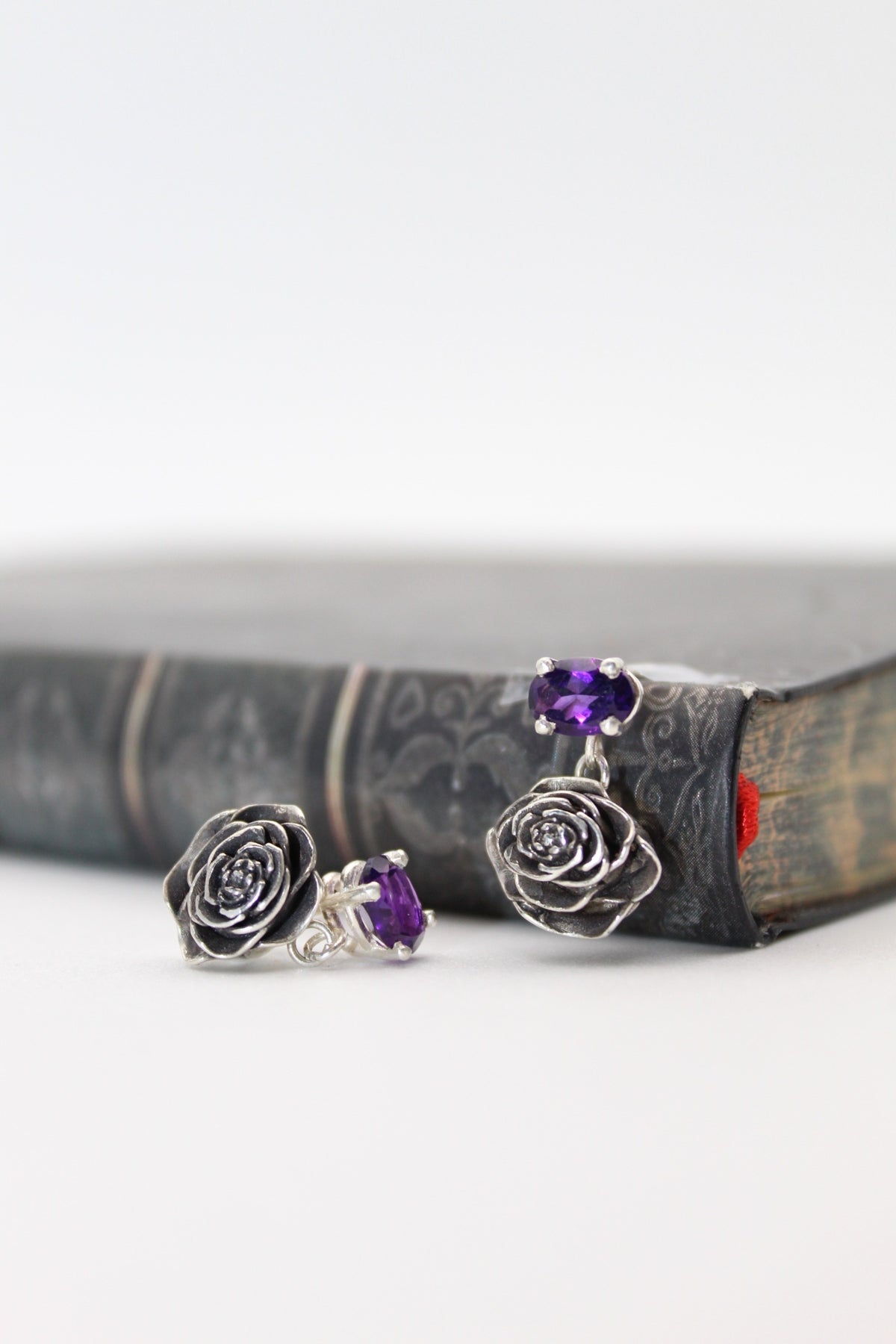 Handmade Skyli Design Rose Amethyst Earrings. Sterling silver with natural oval shaped amethyst stones. 