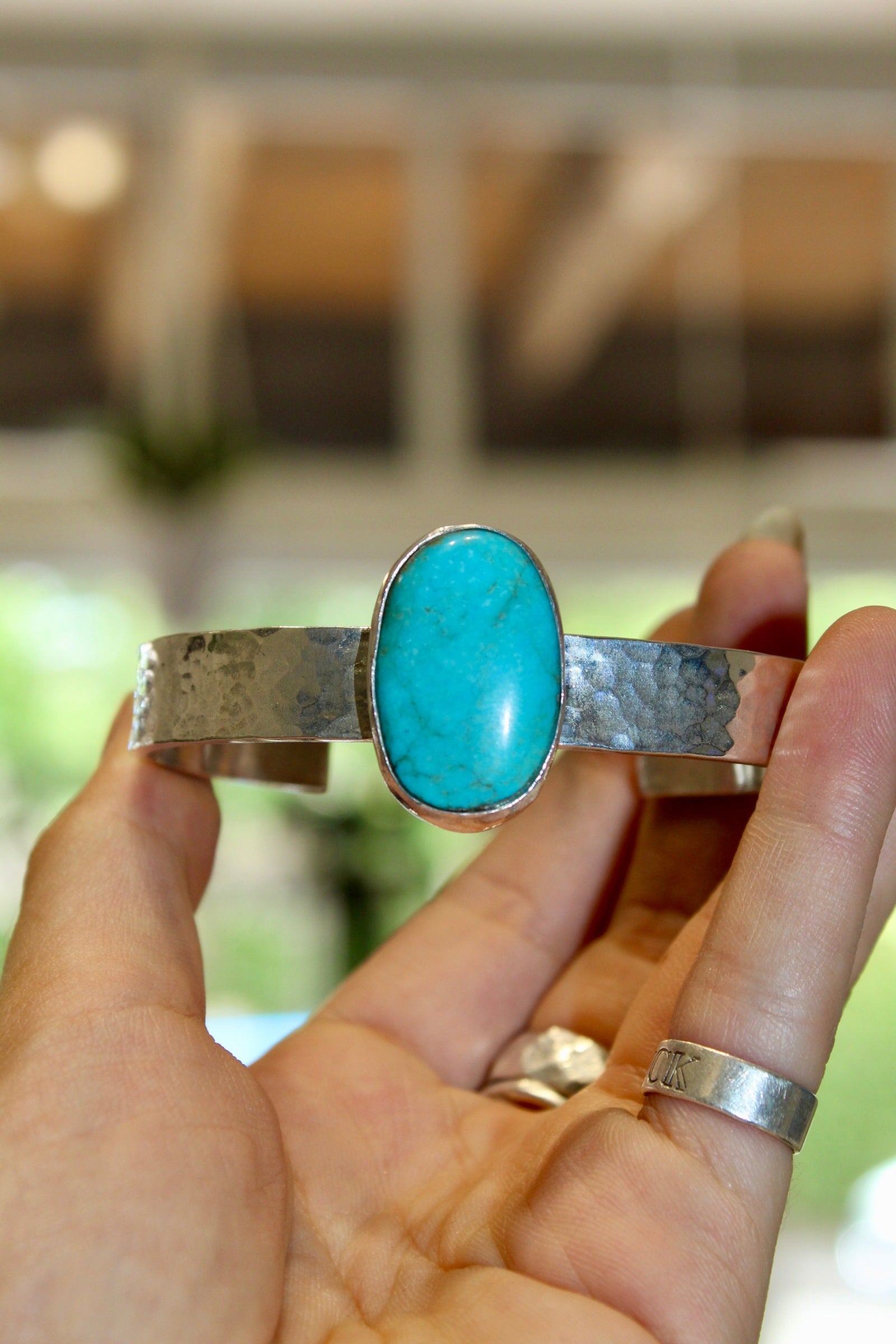 Silver Turquoise Hammered Heavy Cuff