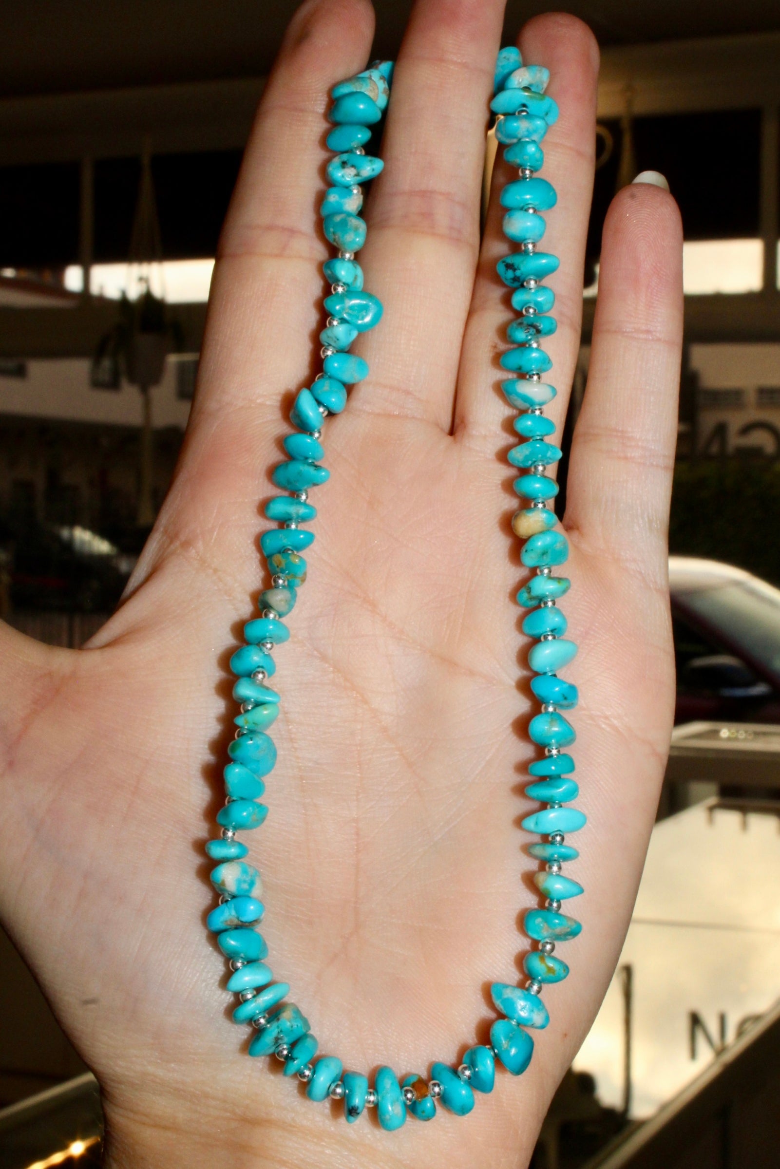 Turquoise Nugget Bead Necklace Sterling Silver 16"